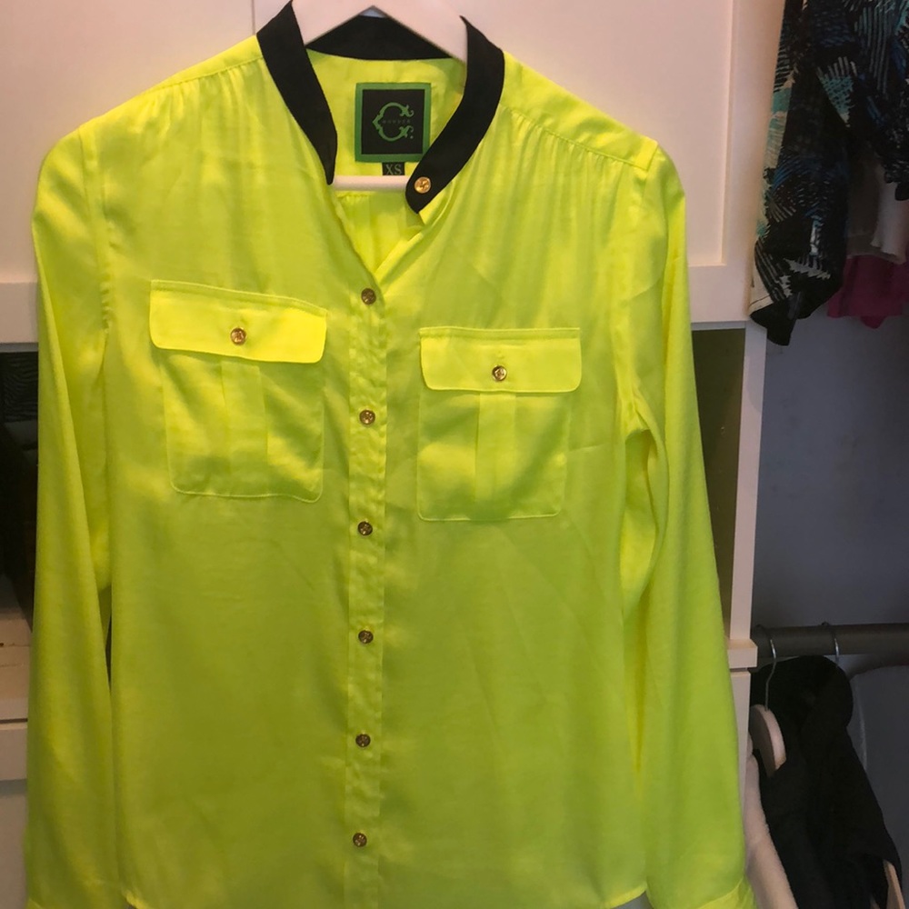 Highlighter yellow neon blouse black trim xs